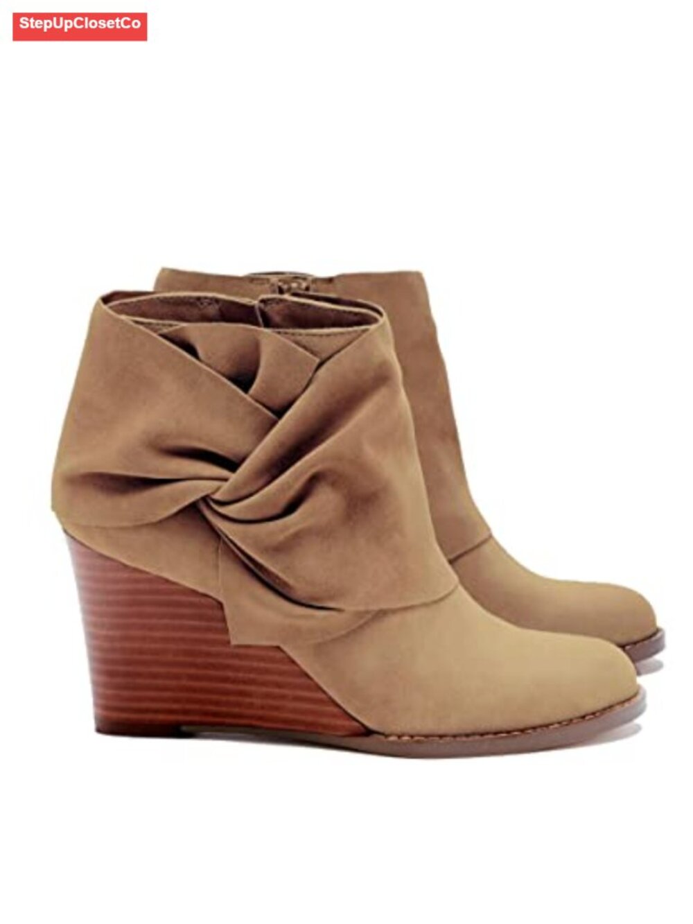 Faux Suede Wedge Ankle Booties Bow Knot Stacked Heel Winter Shoes